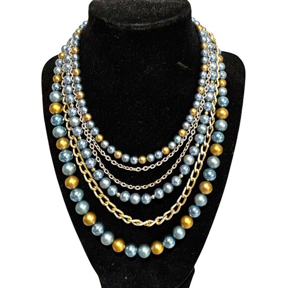 Vintage multistrand necklace dramatic beads & chains blue & gold mid century - Picture 1 of 6